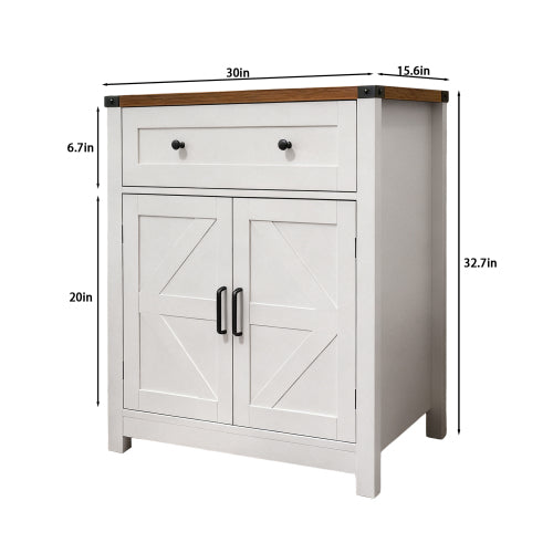 White & Wood-Grain Top Farmhouse Barn-Door Storage Cabinet, Coffee Bar Buffet Sideboard with Drawer for Kitchen & Living Room