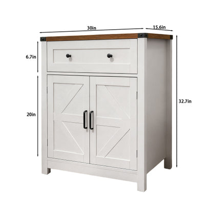 White & Wood-Grain Top Farmhouse Barn-Door Storage Cabinet, Coffee Bar Buffet Sideboard with Drawer for Kitchen & Living Room