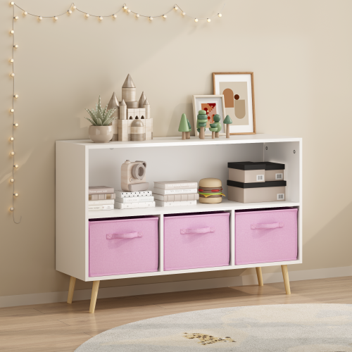 Kids Bookcase with Fabric Drawers and Toy Storage Organizer, White/Pink