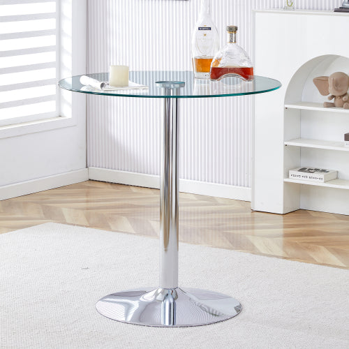 A glass tabletop with a diameter of 35 inches and a modern minimalist circular dining table with electroplated silver metal legs. Suitable for restaurants, living rooms, and conference rooms.