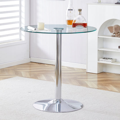 A glass tabletop with a diameter of 35 inches and a modern minimalist circular dining table with electroplated silver metal legs. Suitable for restaurants, living rooms, and conference rooms.
