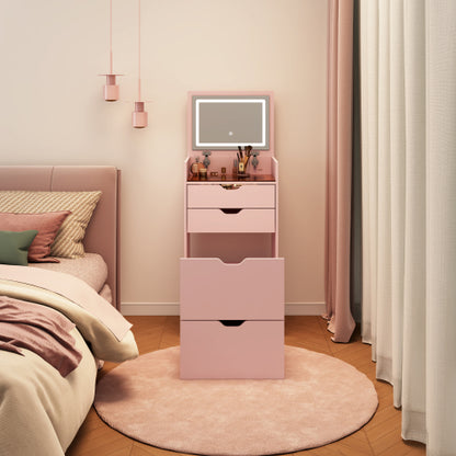 3-in-1 Multifunctional Vanity Desk Set, Flip-Up Mirror, 3-Color Lights, 2 Drawers, Hidden Storage Stool, White