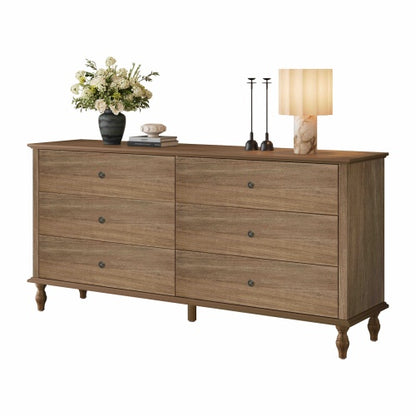 6 Drawer Double Wide Wood Dresser with Soft Close Slides & Burnt Wood Finish Brown