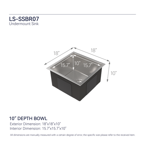 Stainless Steel Kitchen Sink, 18″x18″ Single Bowl, Undermount HandmadeSink in Brushed Nickel, with US Standard Drain and Hook, LS-SSBR07