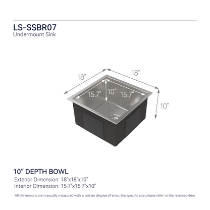 Stainless Steel Kitchen Sink, 18″x18″ Single Bowl, Undermount HandmadeSink in Brushed Nickel, with US Standard Drain and Hook, LS-SSBR07