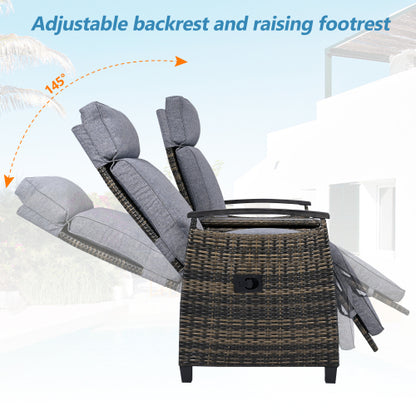 GO Patio Recliner Loveseat Chair, Adjustable Backrest Wicker Outdoor Lounge Chair Set with Acacia Wood Armrests and Built-in Storage Table for Balcony, Porch, Lawn, Gray