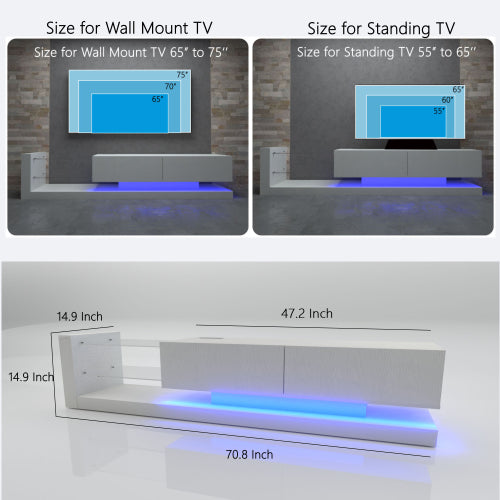 70 Inch White Modern LED TV Stand with Power Outlet Tempered Glass Entertainment Center for 75 Inch TV