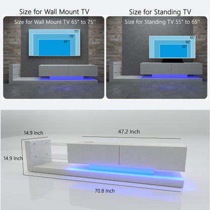 70 Inch White Modern LED TV Stand with Power Outlet Tempered Glass Entertainment Center for 75 Inch TV