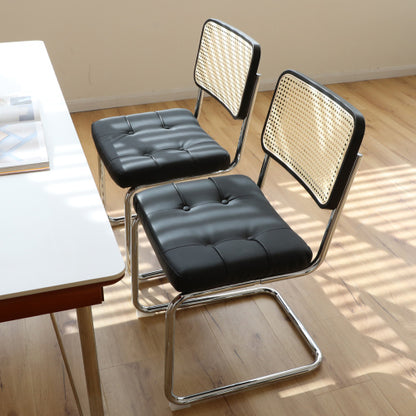 Dining Chairs Set of 2, Faux Leather Rattan Side Accent Chairs with Chrome Legs, Modern Mid Century Breuer Designed Chairs, Black
