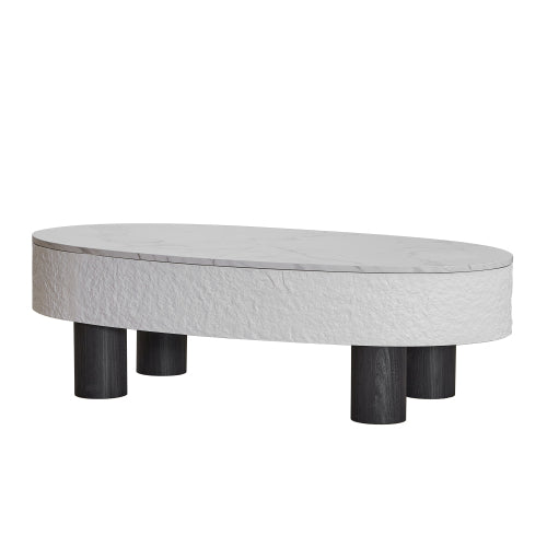 Oval Faux Marble Coffee Table with Hidden Drawer
