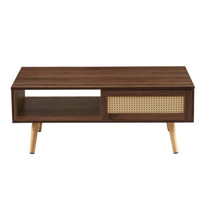 PE Rattan Coffee Table Sliding Door Storage Solid Wood Legs Walnut Accent Table