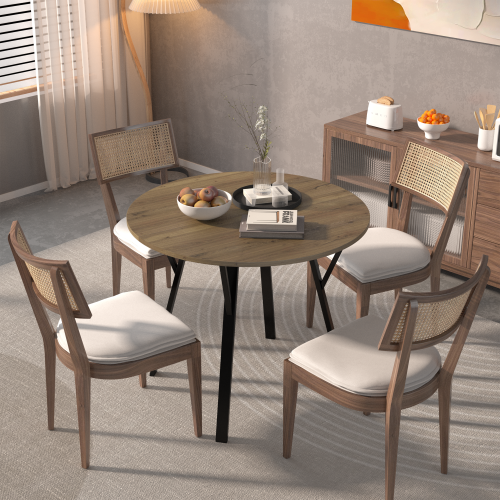 35.43 Inch Round Dining Table with MDF Top and Black Metal Legs