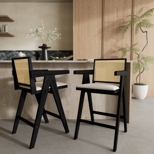 27inch Height, Cream Grey Woven Cane Plastic Backrest Bar Stool - Foam-Padded Fabric Seat & Durable Rubberwood Frame