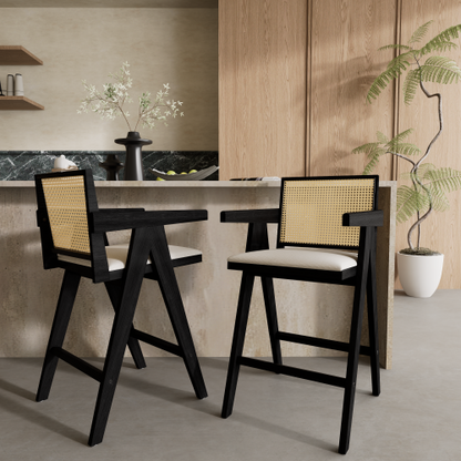 27inch Height, Cream Grey Woven Cane Plastic Backrest Bar Stool - Foam-Padded Fabric Seat & Durable Rubberwood Frame