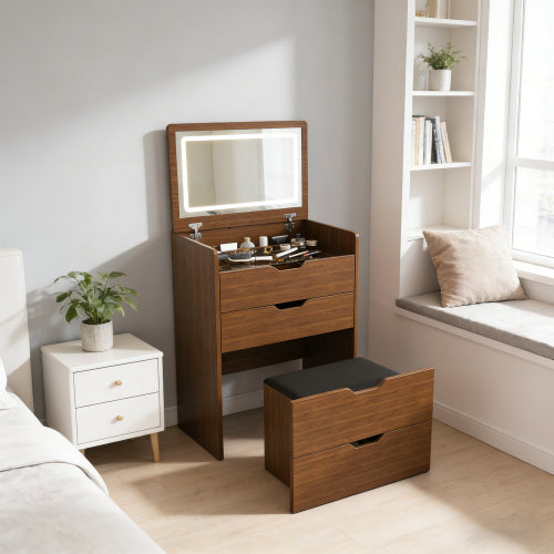 3-in-1 Vanity Desk with Lighted Mirror & Stool, Flip Top Makeup Dressing Table, Compact Storage for Bedroom, Bathroom, Dressing Room(23.62inch L, Walnut)