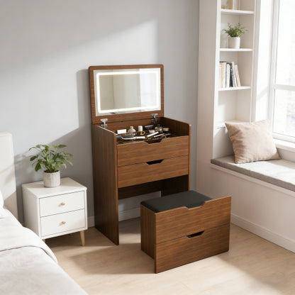 3-in-1 Vanity Desk with Lighted Mirror & Stool, Flip Top Makeup Dressing Table, Compact Storage for Bedroom, Bathroom, Dressing Room(23.62inch L, Walnut)