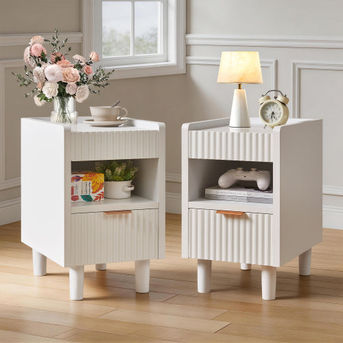 2 Pack White Fluted Nightstand, Integrated Base Bedside Table with Drawer & Open Cubby