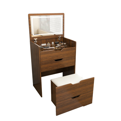 Walnut 3-in-1 Flip-Top LED Vanity Desk 23 inch L, HD Shatter Resistant Mirror & Storage Stool