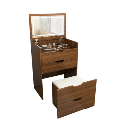 Walnut 3-in-1 Flip-Top LED Vanity Desk 23 inch L, HD Shatter Resistant Mirror & Storage Stool