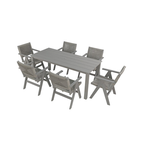 A wooden-textured imitation wood dining table, simple yet with a high quality feel. It has a small tabletop and is perfect for outdoor picnics. Light gray color, 68.9 inches long.