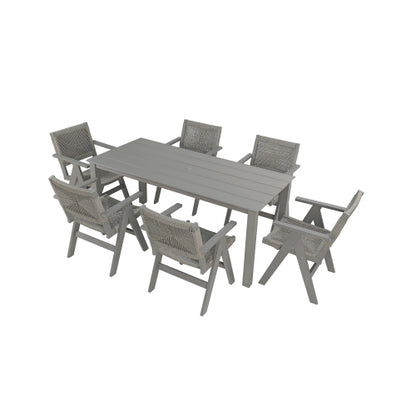 A wooden-textured imitation wood dining table, simple yet with a high quality feel. It has a small tabletop and is perfect for outdoor picnics. Light gray color, 68.9 inches long.