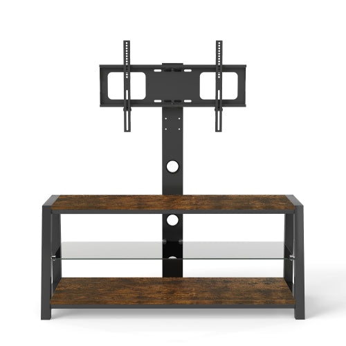 Rustic Brown Swivel TV Stand, Black Tempered Glass Height Adjustable Cart with Power Outlets for 32-65 Inch TV