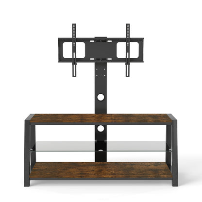 Rustic Brown Swivel TV Stand, Black Tempered Glass Height Adjustable Cart with Power Outlets for 32-65 Inch TV