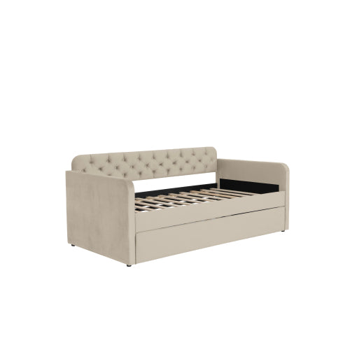 Twin Size Upholstered Daybed with Trundle and USB Charging Design, Velvet Upholstered Daybed Frame, Twin Sofa Bed for Living Room Bedroom, No Box Spring Needed,Plush velvet fabric LIGHT BEIGE 2#