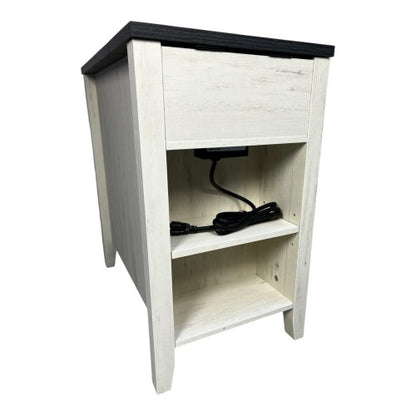 Farmhouse End Table Bedside Table with Charging Station,Night Stand with Barn Door and Drawer, Storage for Bedroom Living Room ,Bedside Table,  White+Black color