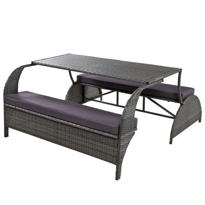 U_STYLE 2-in-1 Convertible Picnic Upholstered Bench Table,57.1" Outdoor Loveseat,Portable Picnic Table Couch,Convertible To 4 Seats&1 Table,For Garden,Lawn,Backyard,Porch,Patio