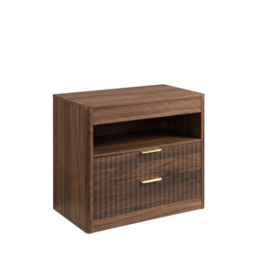 Walnut Nightstand with 2 Drawers, Open Shelf, Outlet and Pull-Out Tray