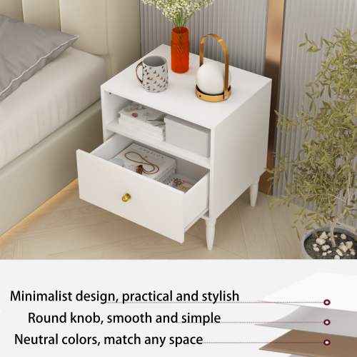 Modern White Nightstand with Drawer and Open Shelf, Bedside Table with Gold Knob, Solid Wood Legs, Small End Table for Bedroom, Living Room