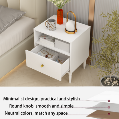 Modern White Nightstand with Drawer and Open Shelf, Bedside Table with Gold Knob, Solid Wood Legs, Small End Table for Bedroom, Living Room