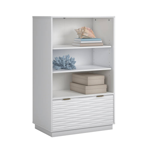 White Coastal Style 2-Shelf Adjustable Bookcase With Lower Drawer