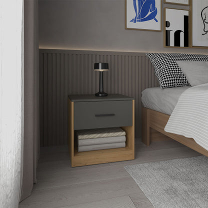 19.7inch High 1-Drawer Nightstand, Natural Oak & Matt Gray, with Open Shelf