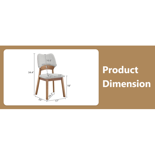 Set of 2 Walnut Solid Wood Dining Chairs, Hollow Out Curved Back Chairs with Gray Fabric