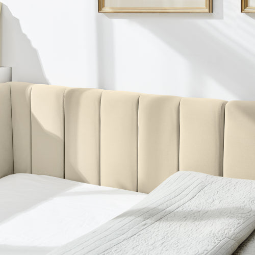 Full Size Upholstered Tufted Bed Frame, Sofa Bed Frame with Comfortable Backrest and Armrests, Full Size Bed for Bedroom, Living Room,Velvet-Beige(81inch *60inch *29.5inch )