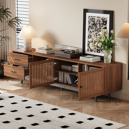 78.7 inch Walnut Slatted Door TV Stand Deep Drawers Solid Rubber Wood Legs Holds 85 inch TV