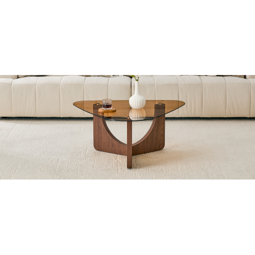 Triangular Tea-Colored Tempered Glass Coffee Table, Walnut MDF Legs