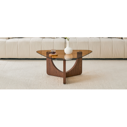 Triangular Tea-Colored Tempered Glass Coffee Table, Walnut MDF Legs