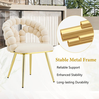 2 Pack Beige Velvet Dining Chairs, Bubble Cushion Back Accent Chairs with Gold Finished Metal Legs