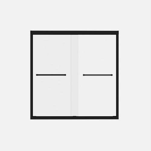 56-60" W × 60" H Tempered Glass with Explosion Proof Film, Aluminum Frame Double Sliding Shower Door, "1/4 (6 mm), Stainless Steel handle, Matte Black