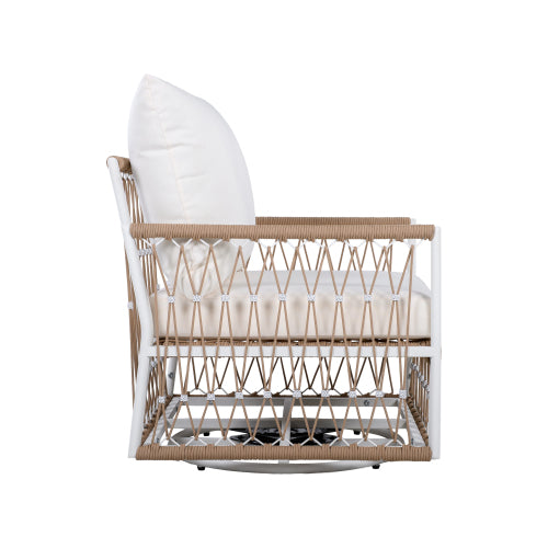 [Set of 2] 360° Swivel Bohemian Outdoor Lounge Chair with Handwoven Rope & Powder-Coated Steel Frame, Waterproof Cushions - Patio, Garden, Poolside