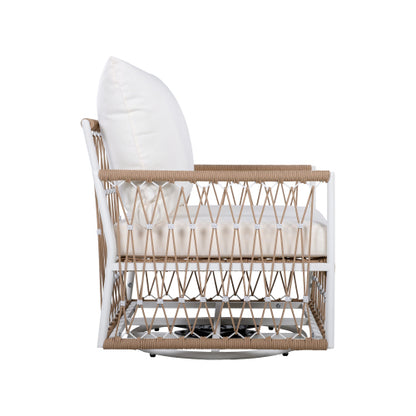 [Set of 2] 360° Swivel Bohemian Outdoor Lounge Chair with Handwoven Rope & Powder-Coated Steel Frame, Waterproof Cushions - Patio, Garden, Poolside