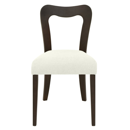 Set of 2 Dark Brown Rubberwood Open Back Dining Chairs, Minimalist Beige Upholstered Armless Kitchen Chairs