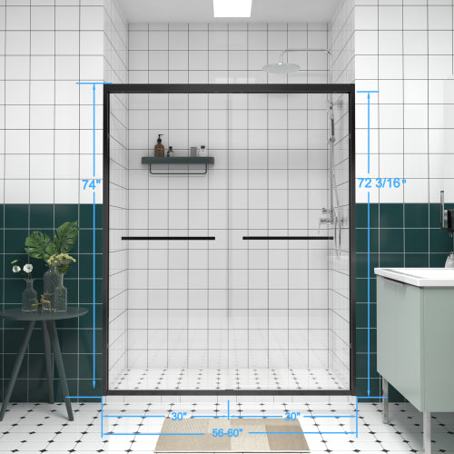 56-60"x74" Aluminum Frame Double Sliding Shower Door,Bypass Bathroom Sliding Door with Premium 1/4" (6mm) Clear Tempered Glass, Black Hardware Sliding Glass Shower Enclosure,Matte Black Finished