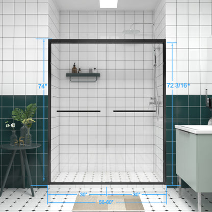 56-60"x74" Aluminum Frame Double Sliding Shower Door,Bypass Bathroom Sliding Door with Premium 1/4" (6mm) Clear Tempered Glass, Black Hardware Sliding Glass Shower Enclosure,Matte Black Finished
