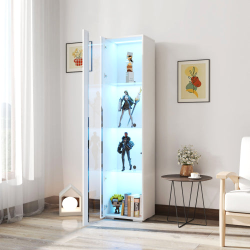 White Tall Side Cabinet with Blue LED Strip Lights 40 Inch High Storage Lamp Furniture
