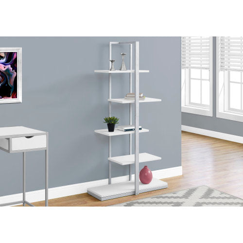 5 Tier Bookshelf 60inch H White Laminate Grey Metal Contemporary Modern Bookcase Office