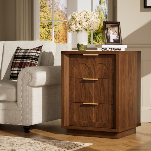 2-Piece Walnut Nightstand Set with 3 Drawers, Modern Bedside Table with Arched Drawer Design